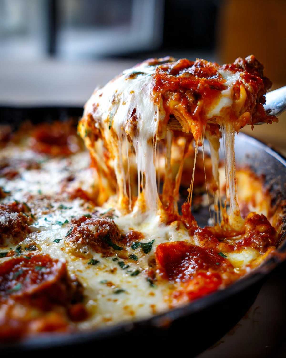 A serving spoon lifts a cheesy, saucy slice of pizza lasagna skillet bake, with melted mozzarella stretching.