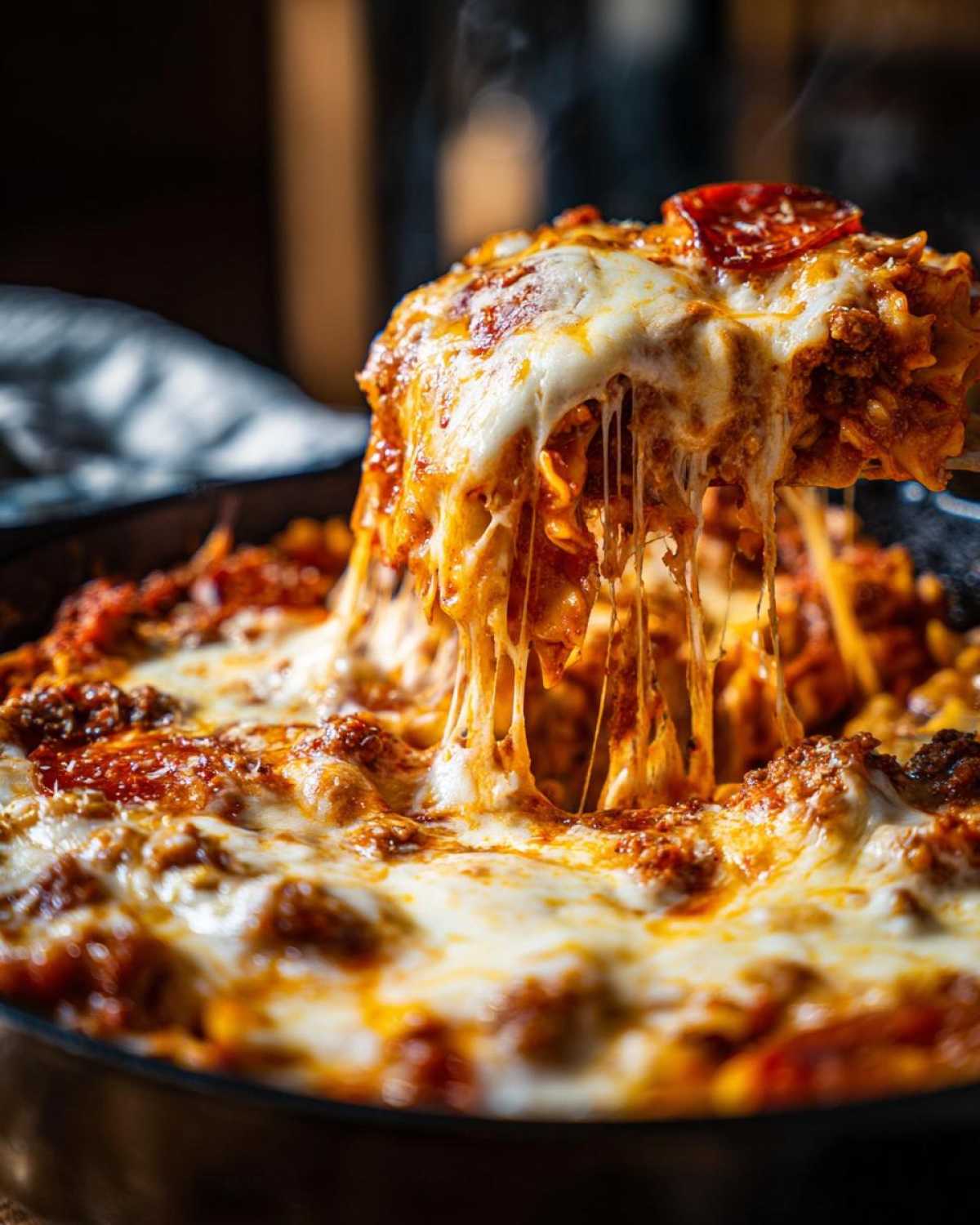 A serving spoon lifts a cheesy slice of pizza lasagna skillet bake, showing melted mozzarella and pepperoni.