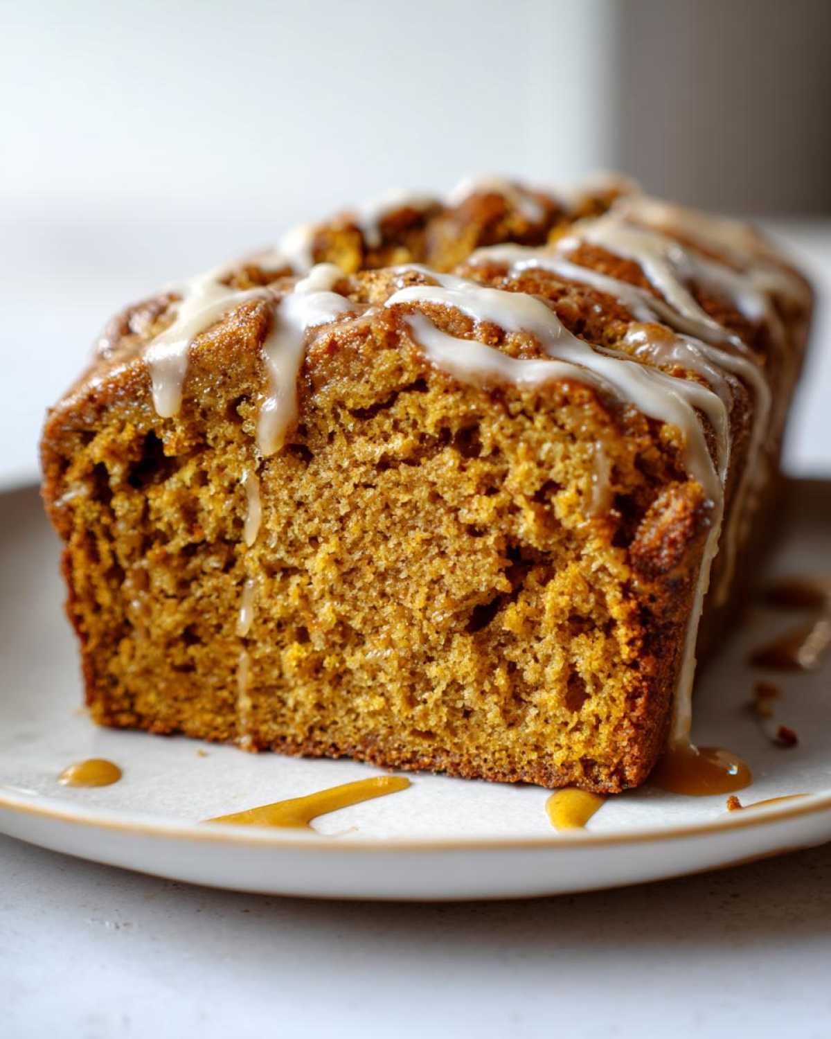 A close-up of a loaf of moist pumpkin banana bread drizzled with a white glaze.