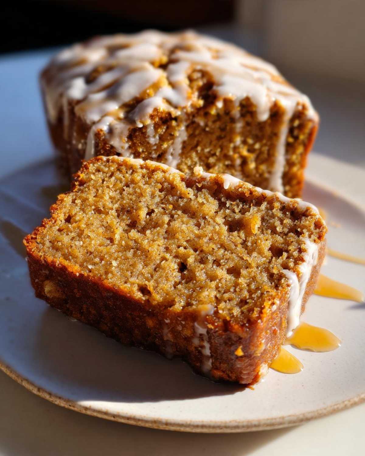 A slice of moist pumpkin banana bread topped with white glaze, served on a plate.