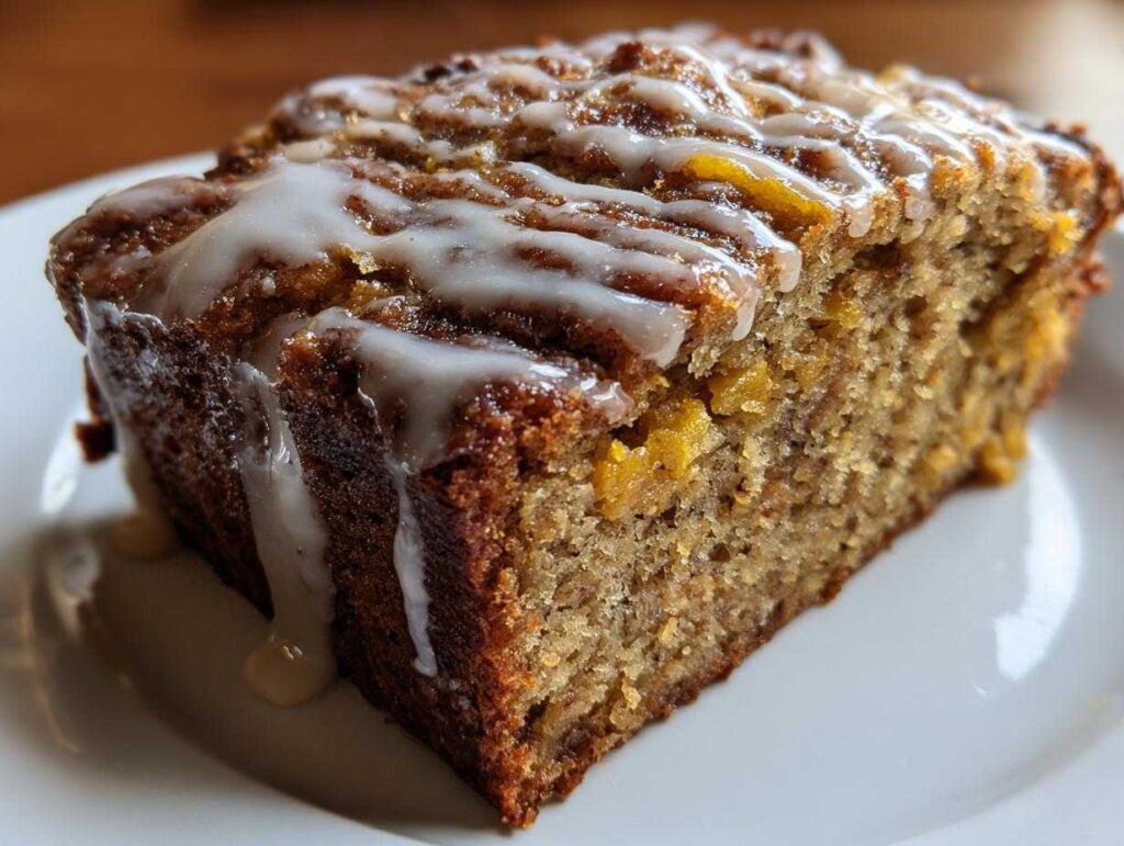 A close-up of a moist slice of pumpkin banana bread topped with a white glaze, showcasing its texture and pumpkin chunks.