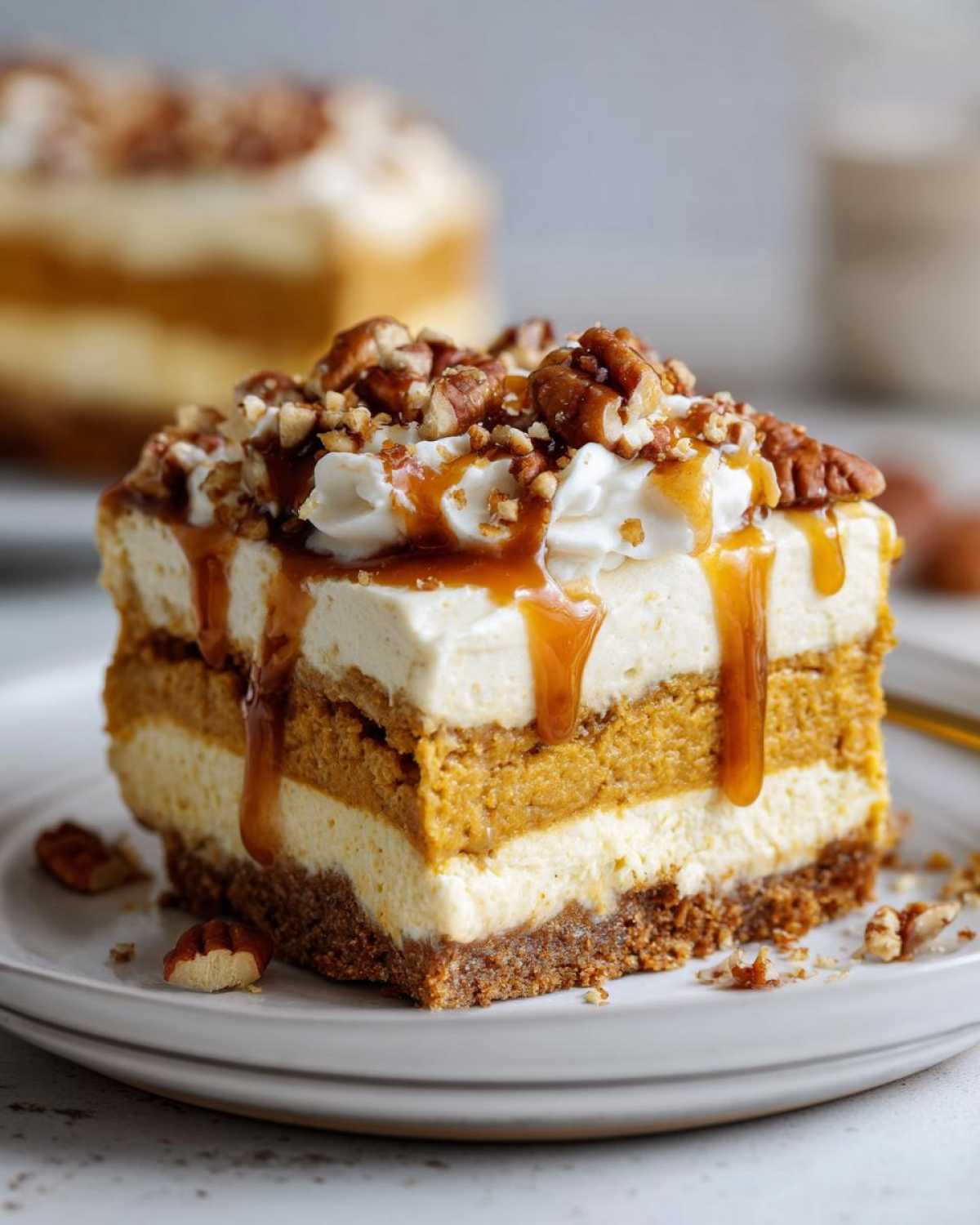 A decadent slice of Pumpkin Cheesecake Lasagna, layered with cheesecake and pumpkin filling, topped with whipped cream, pecans, and caramel drizzle.