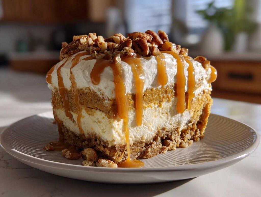 A generous slice of pumpkin cheesecake lasagna topped with whipped cream, pecans, and drizzled caramel sauce.