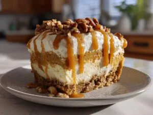 A generous slice of pumpkin cheesecake lasagna topped with whipped cream, pecans, and drizzled caramel sauce.