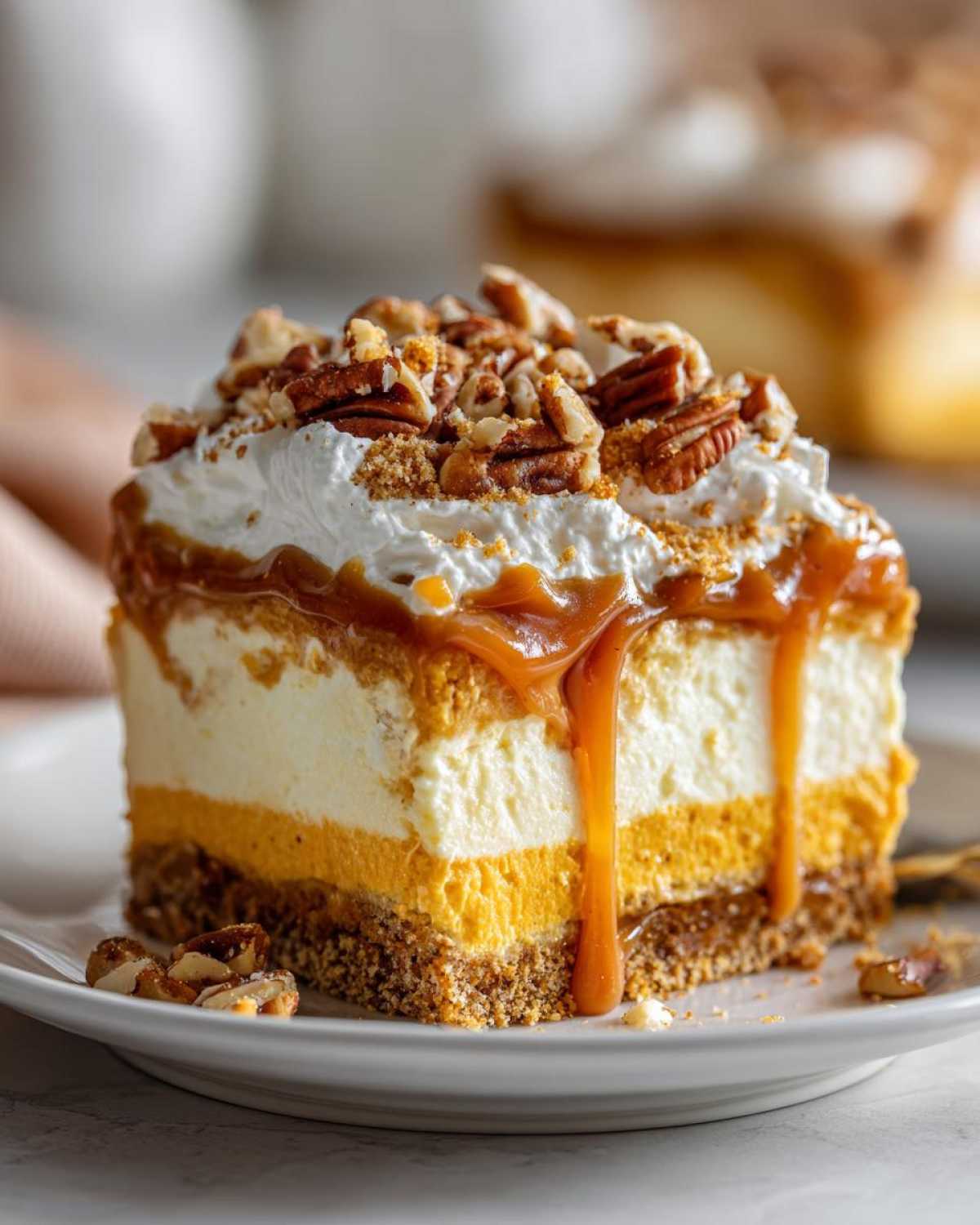 A decadent slice of Pumpkin Cheesecake Lasagna topped with whipped cream, caramel drizzle, and chopped pecans.