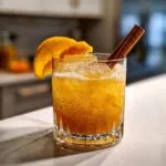 A close-up of a Pumpkin Ginger Smash cocktail in a rocks glass, garnished with an orange peel and cinnamon stick.