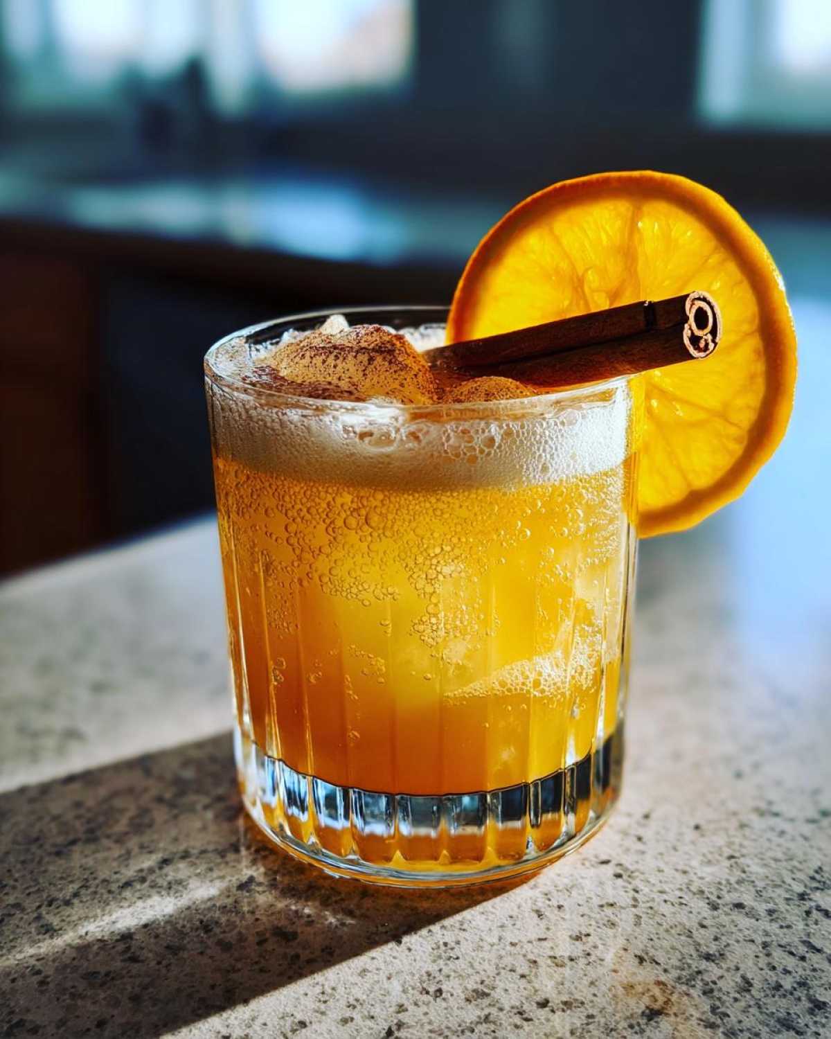 A close-up of a Pumpkin Ginger Smash cocktail in a glass, garnished with an orange slice and cinnamon stick.