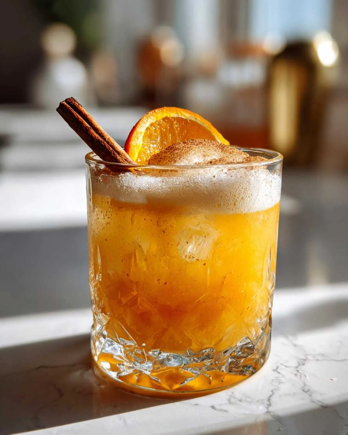 A close-up of a vibrant orange Pumpkin Ginger Smash cocktail in a glass, garnished with an orange slice, cinnamon stick, and dusted with cinnamon.