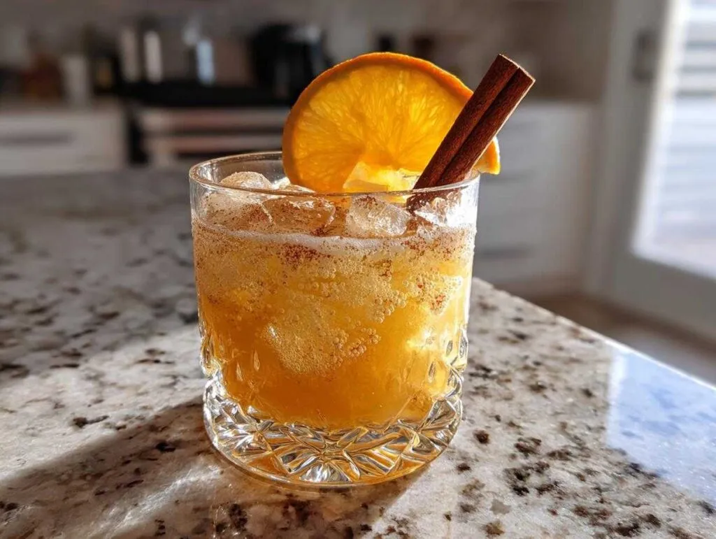A refreshing Pumpkin Ginger Smash cocktail in a glass, garnished with an orange slice and cinnamon stick.