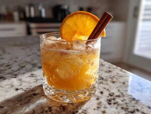 A refreshing Pumpkin Ginger Smash cocktail in a glass, garnished with an orange slice and cinnamon stick.