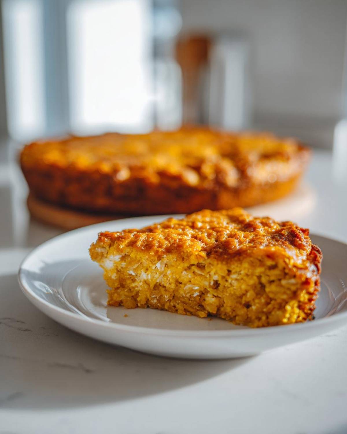A slice of delicious Pumpkin Oatmeal Dump Cake on a white plate, with the rest of the cake blurred in the background.