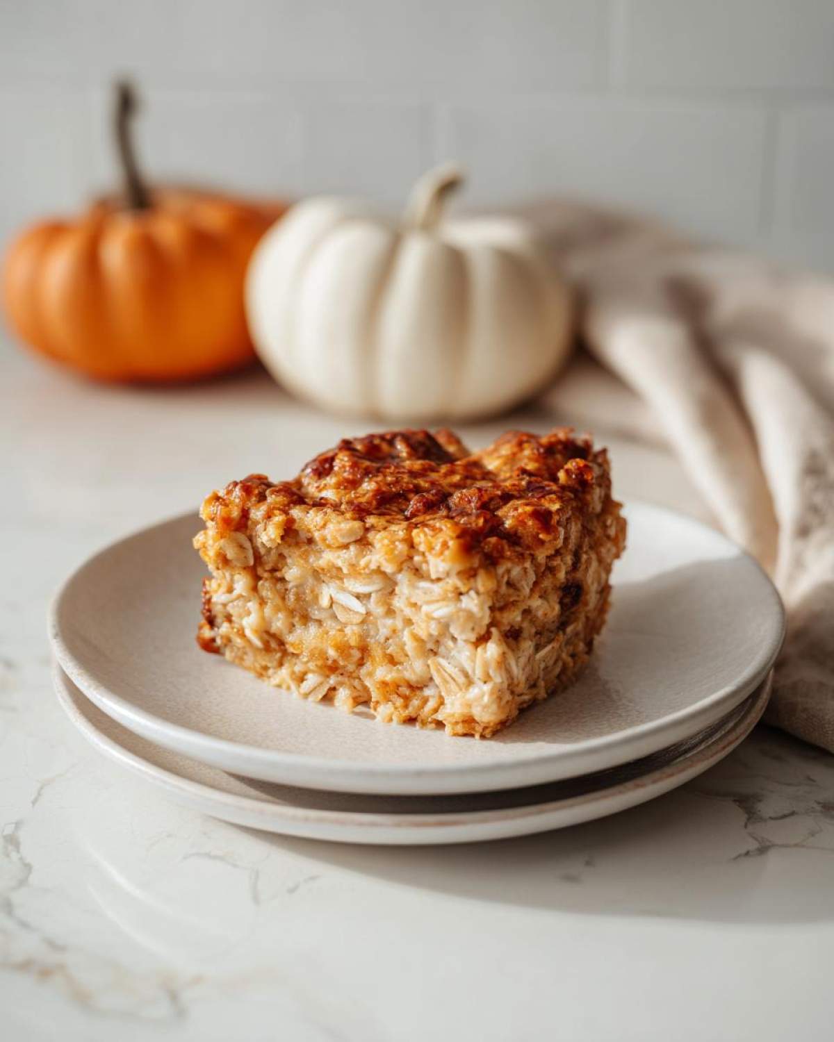 A slice of delicious Pumpkin Oatmeal Dump Cake served on a plate, with mini pumpkins in the background.