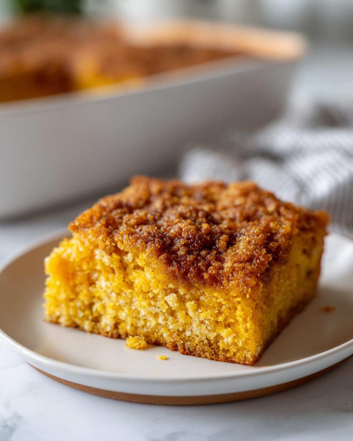 A close-up of a delicious slice of Pumpkin Oatmeal Dump Cake on a white plate, showcasing its moist texture and crumbly topping.
