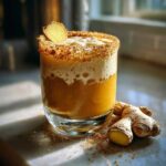A refreshing Pumpkin Pie Ginger Smash cocktail in a glass, garnished with ginger and a sugar rim.