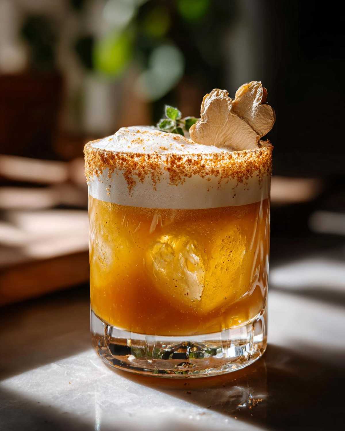 A festive Pumpkin Pie Ginger Smash cocktail in a glass, topped with foam and a ginger garnish.