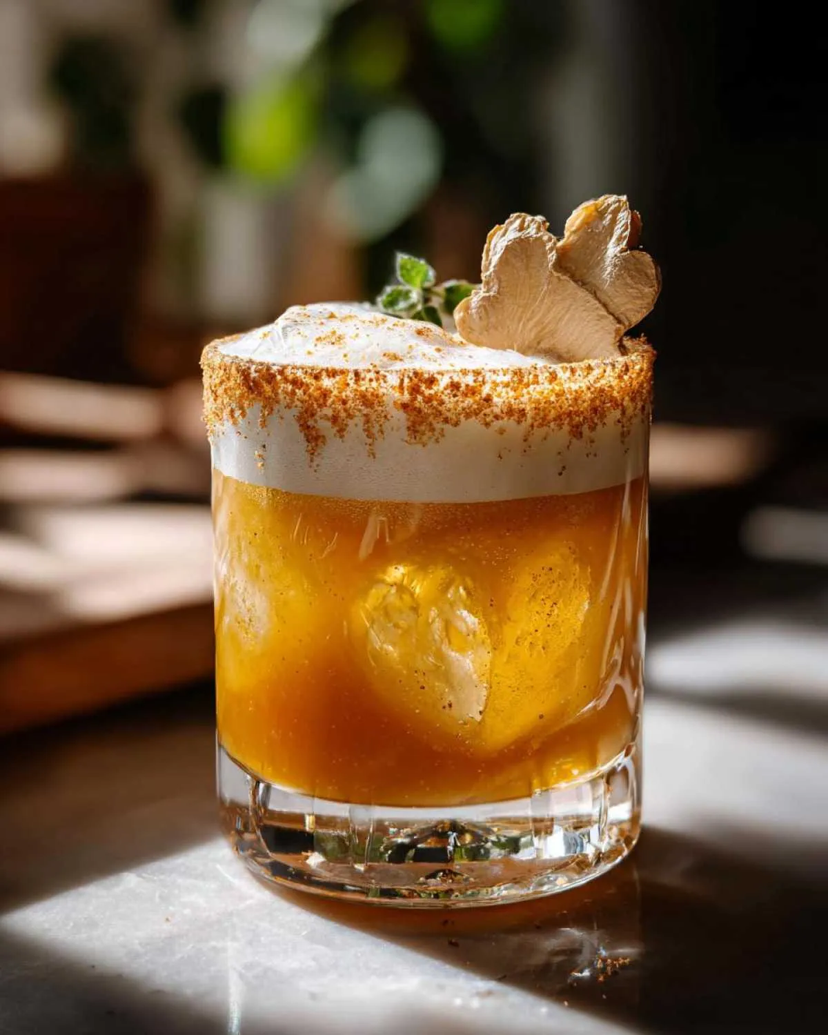 A festive Pumpkin Pie Ginger Smash cocktail in a glass, topped with foam and a ginger garnish.