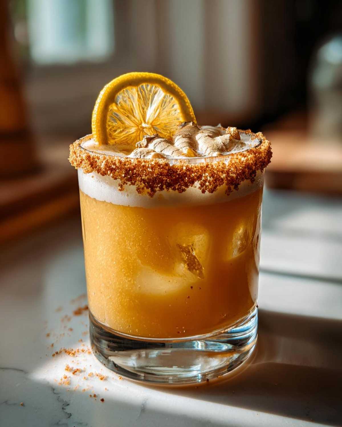 A festive Pumpkin Pie Ginger Smash cocktail in a glass, garnished with a lemon slice and spiced rim.