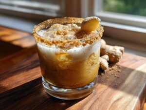 A refreshing Pumpkin Pie Ginger Smash cocktail in a glass, rimmed with sugar and topped with ginger.