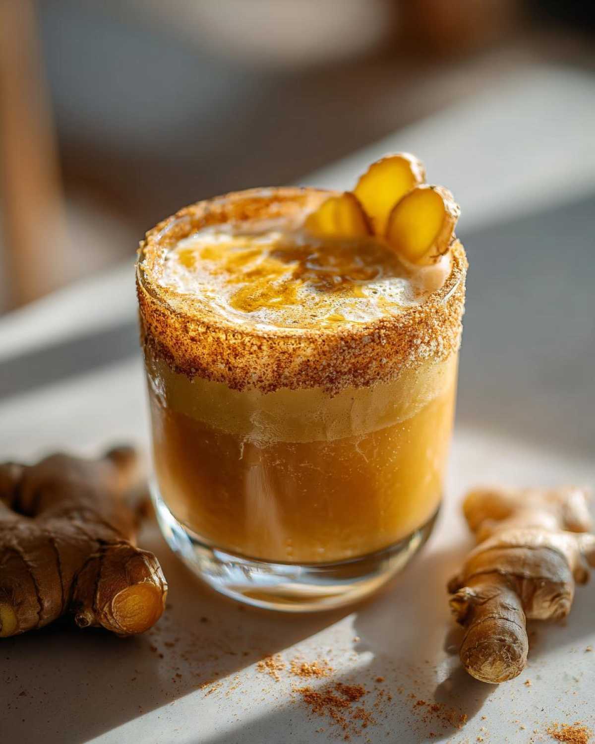 A refreshing Pumpkin Pie Ginger Smash cocktail in a glass, garnished with ginger slices and a cinnamon sugar rim.