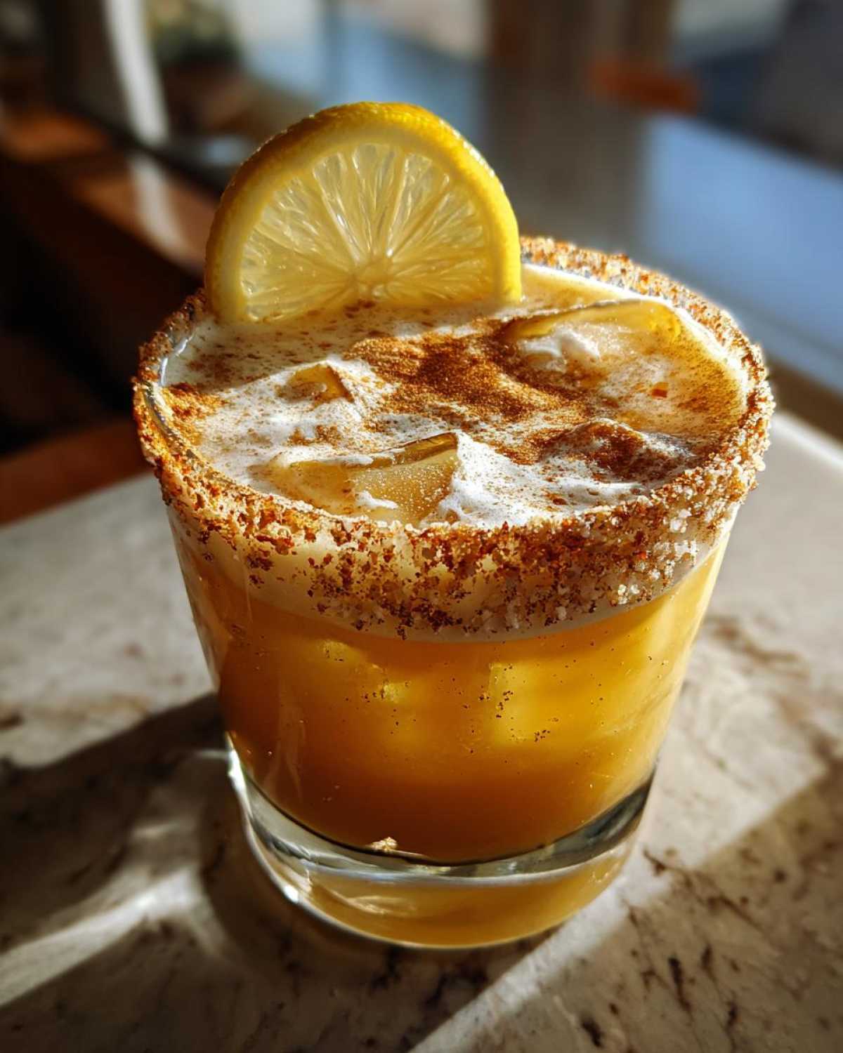 A refreshing Pumpkin Pie Ginger Smash cocktail in a glass, garnished with a lemon slice and cinnamon sugar rim.