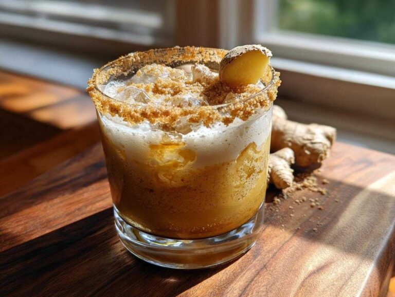 A refreshing Pumpkin Pie Ginger Smash cocktail in a glass, rimmed with sugar and topped with ginger.