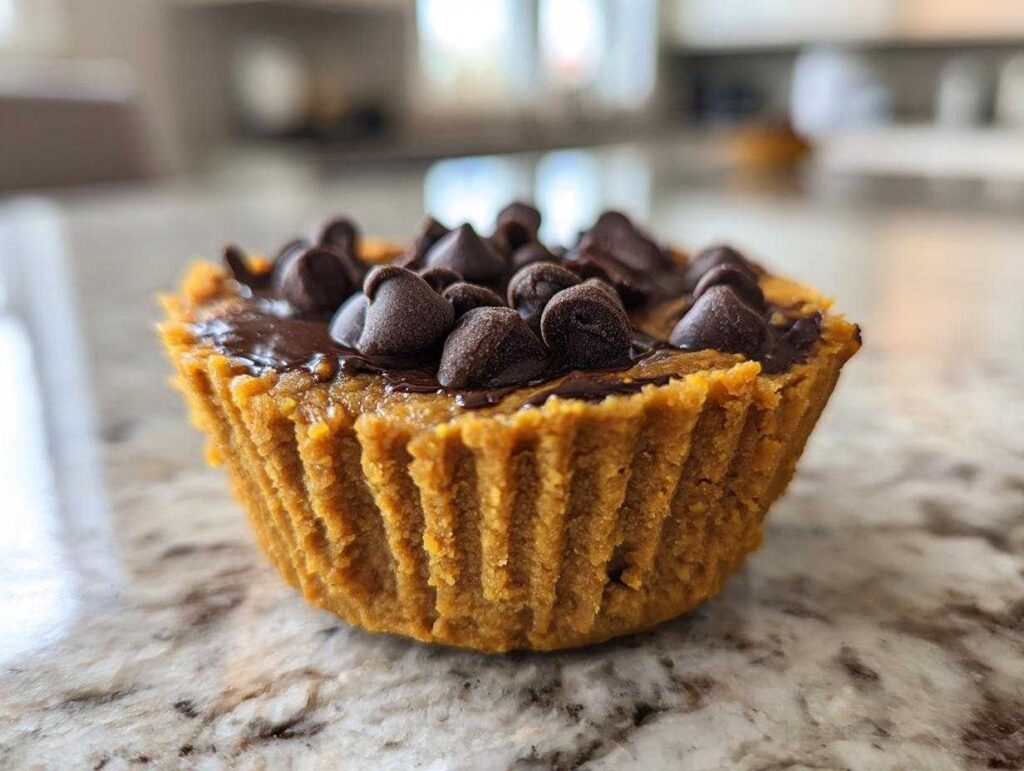 Close-up of a single Pumpkin Protein Cup topped with melted chocolate and chocolate chips.
