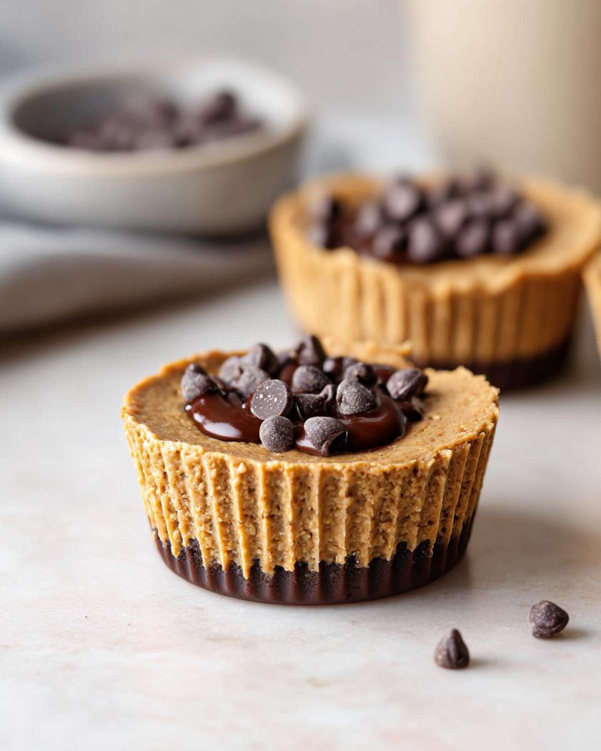 Close-up of a Pumpkin Protein Cup topped with chocolate chips and a drizzle of chocolate sauce.