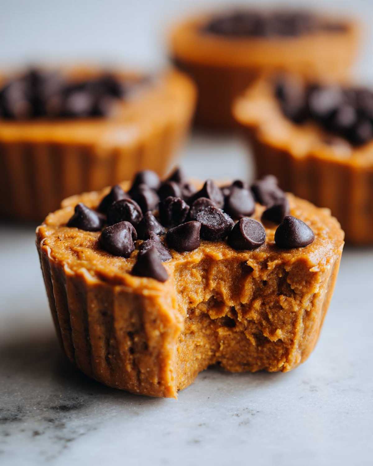 Close-up of a pumpkin protein cup with a bite taken out, topped with chocolate chips.