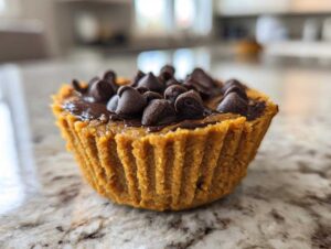 Close-up of a single Pumpkin Protein Cup topped with melted chocolate and chocolate chips.