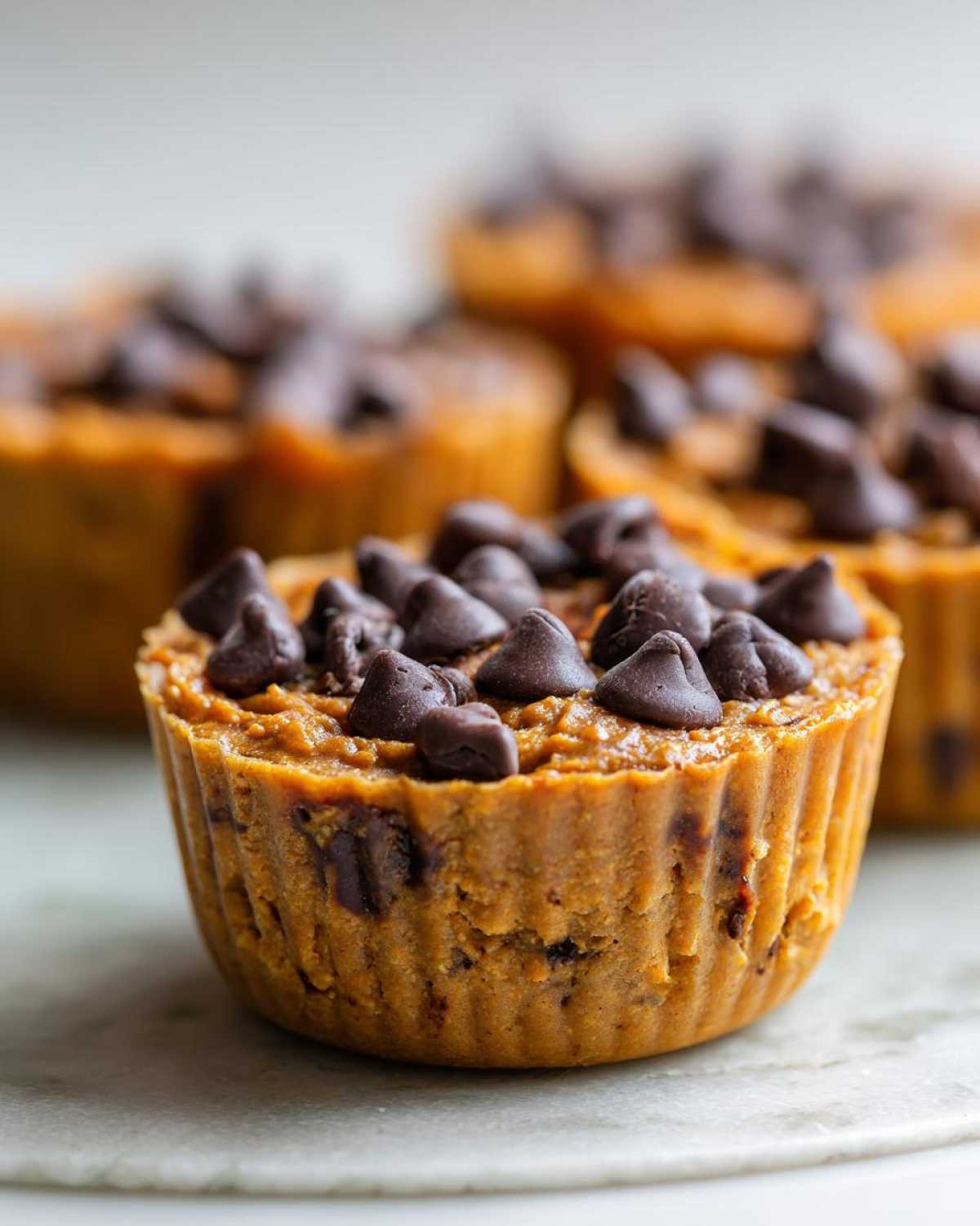 Close-up of a delicious pumpkin protein cup topped with chocolate chips, with more cups blurred in the background.