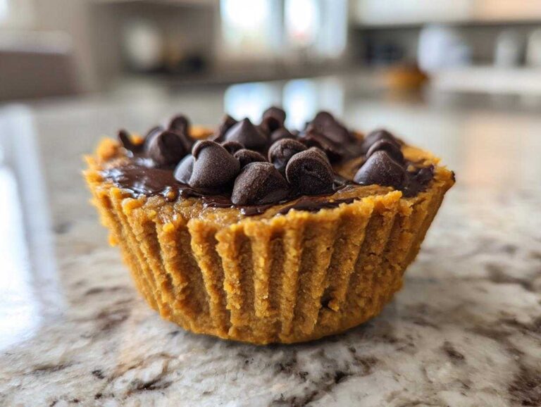 Close-up of a single Pumpkin Protein Cup topped with melted chocolate and chocolate chips.