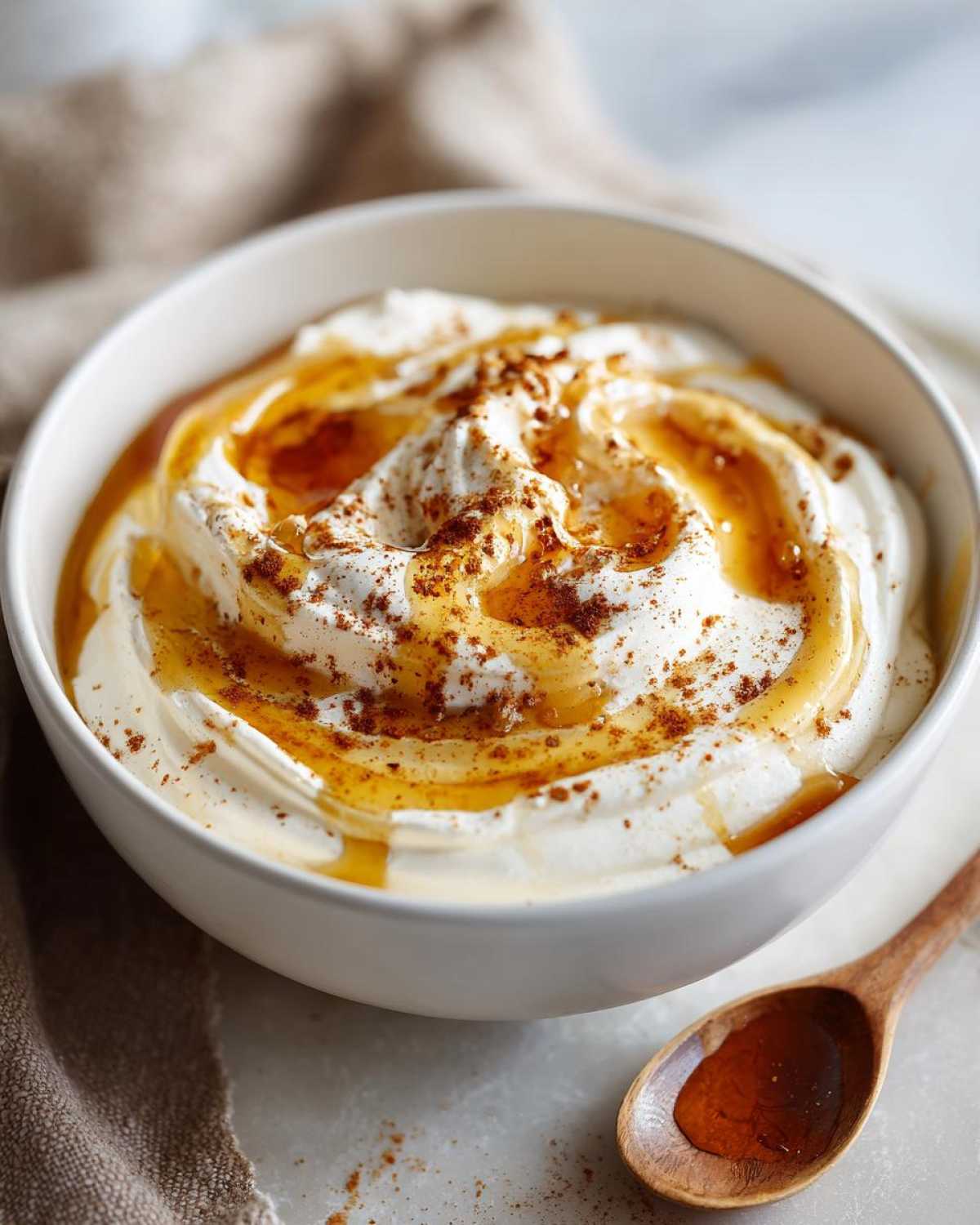 Close-up of creamy Pumpkin Whipped Feta Honey Dip drizzled with honey and sprinkled with cinnamon.