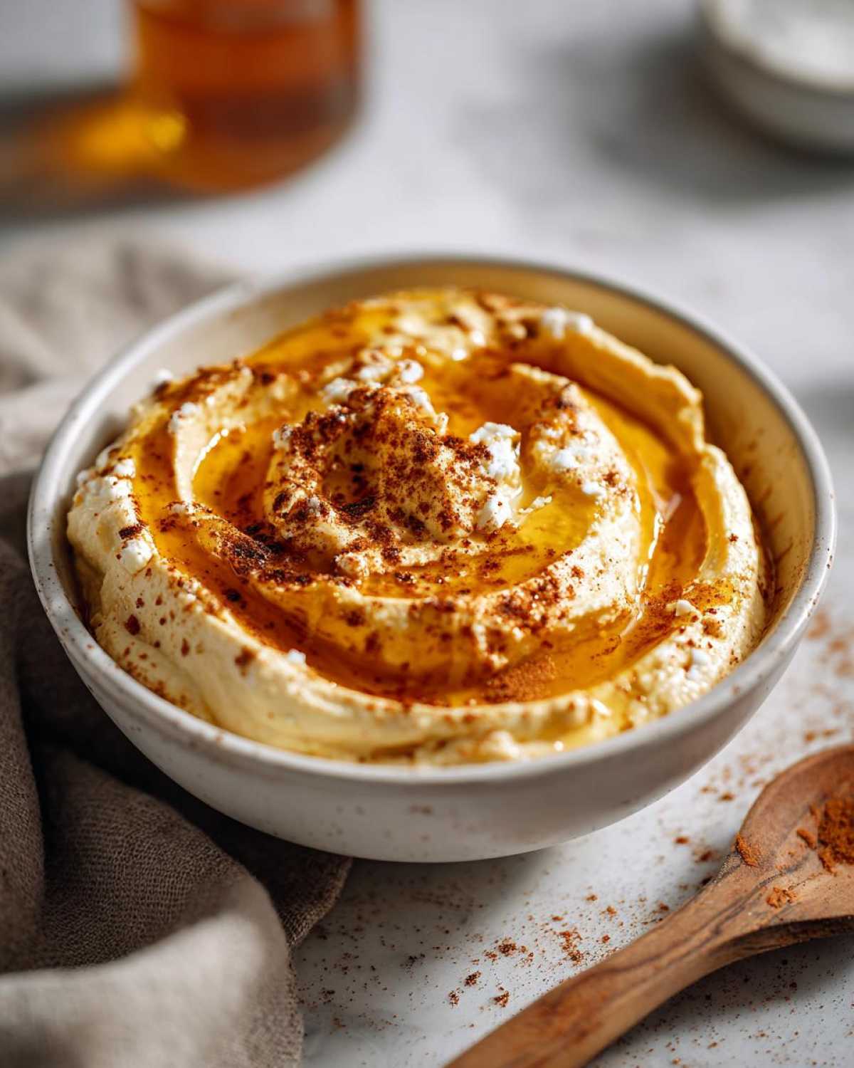 Close-up of a bowl of Pumpkin Whipped Feta Honey Dip, drizzled with honey and sprinkled with cinnamon.