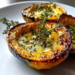 Close-up of roasted acorn squash halves filled with melted herb butter and fresh herbs.