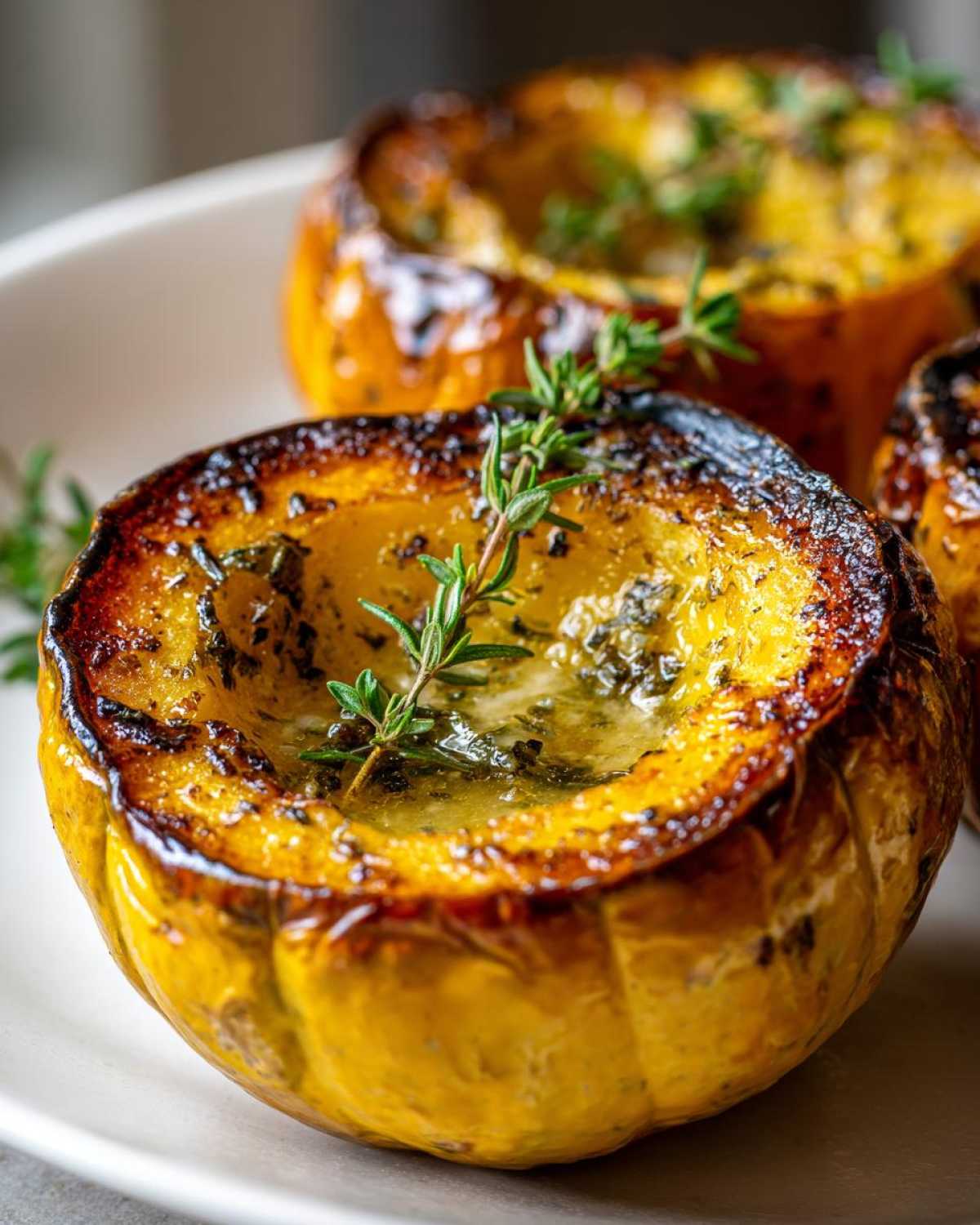Close-up of roasted acorn squash halves filled with melted herb butter and garnished with fresh thyme.