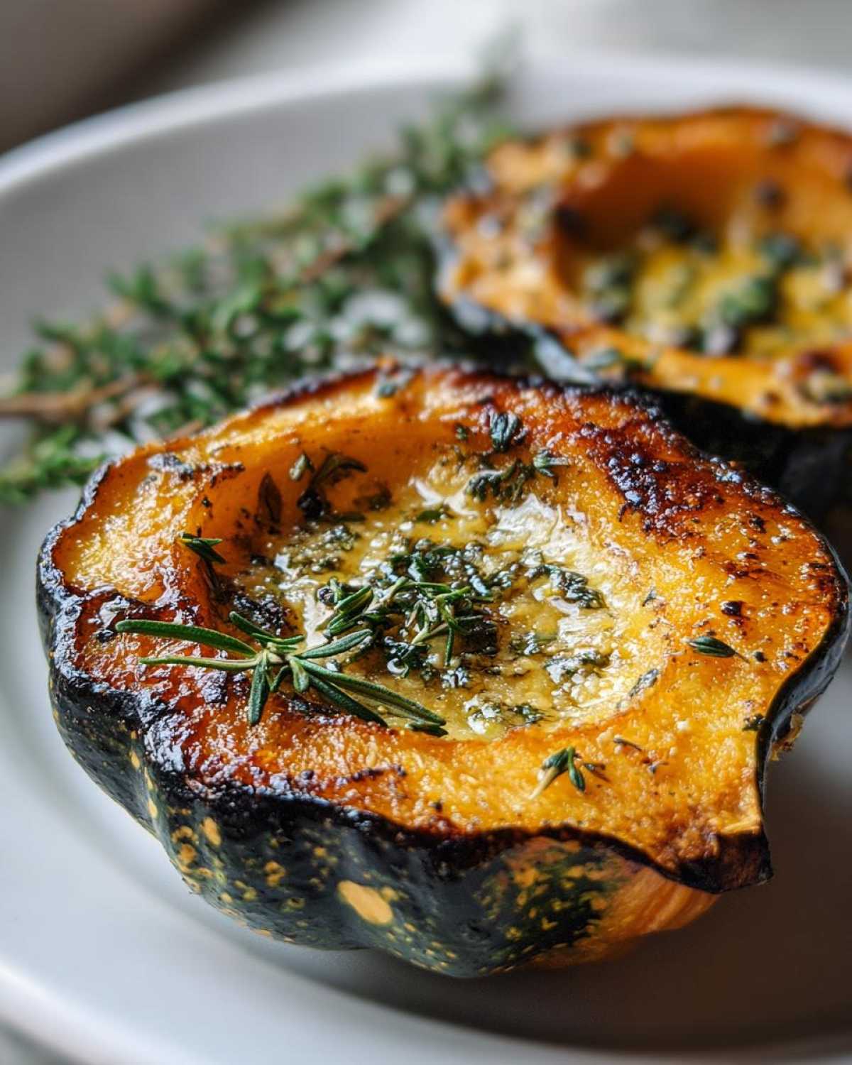 Close-up of two halves of roasted acorn squash with herb butter and fresh herbs on a white plate.