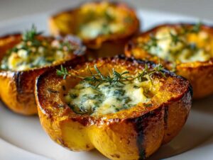 Close-up of roasted acorn squash halves filled with herb butter and topped with fresh rosemary.