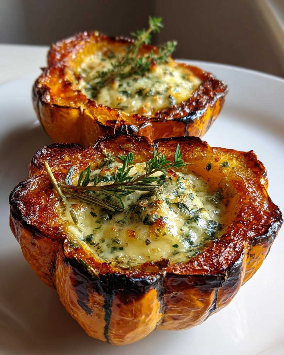 Two halves of roasted acorn squash filled with creamy herb butter and topped with fresh rosemary.