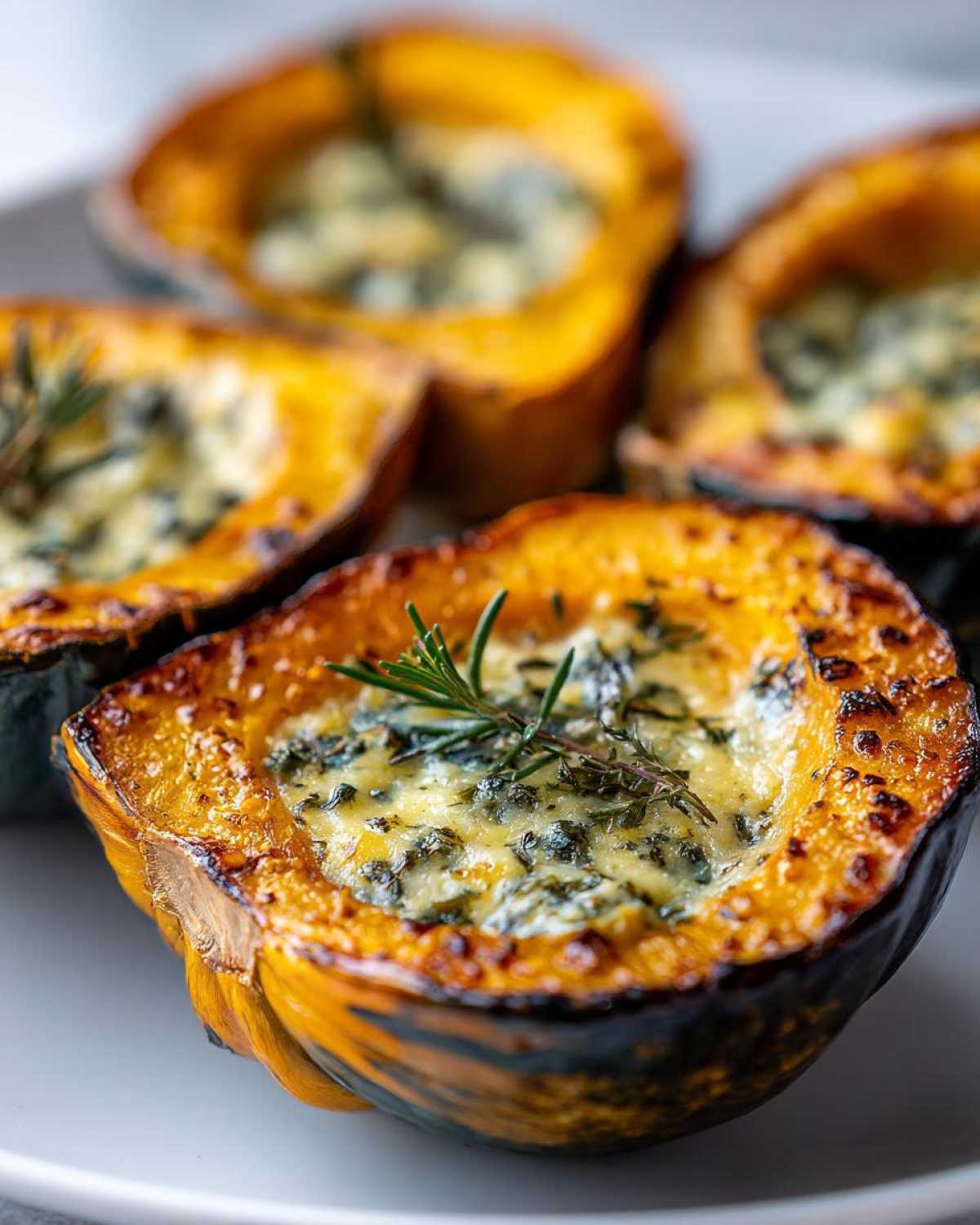 Close-up of roasted acorn squash halves filled with herb butter and cheese, garnished with rosemary.