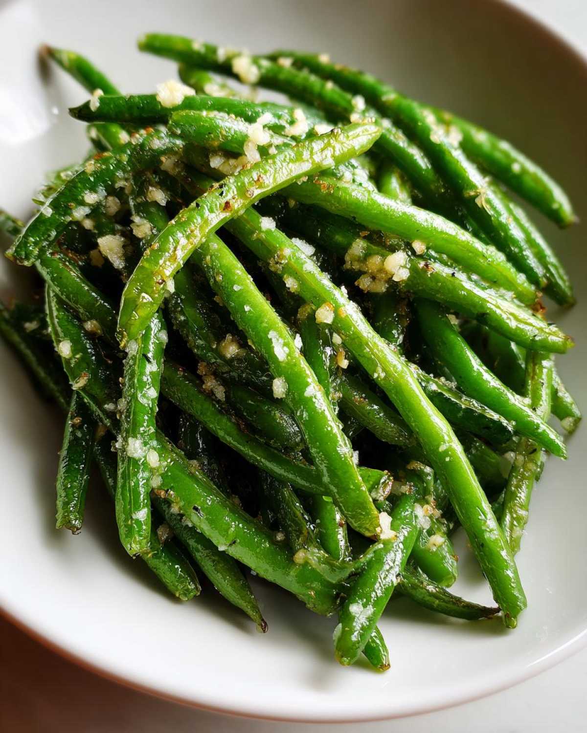 A close-up shot of a bowl filled with crispy roasted parmesan green beans, glistening with oil and sprinkled with garlic.