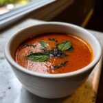 A close-up of a white bowl filled with vibrant Roasted Tomato Basil Soup, garnished with fresh basil leaves.