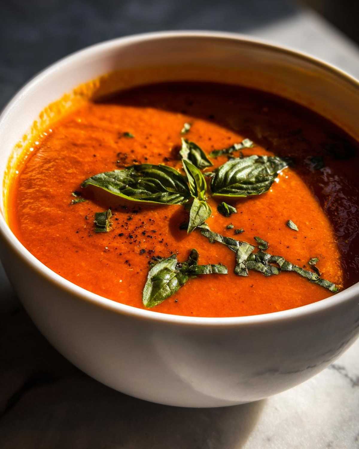 A close-up of a white bowl filled with vibrant Roasted Tomato Basil Soup, garnished with fresh basil leaves and black pepper.