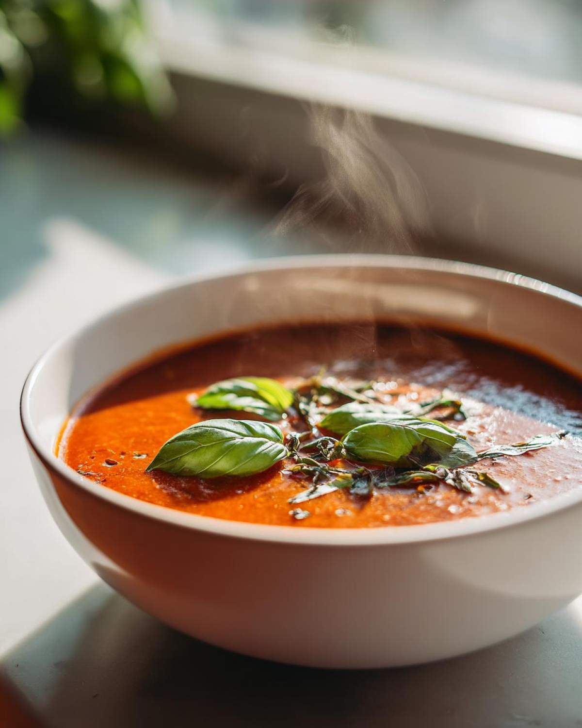 A close-up of a white bowl filled with steaming Roasted Tomato Basil Soup, garnished with fresh basil leaves.