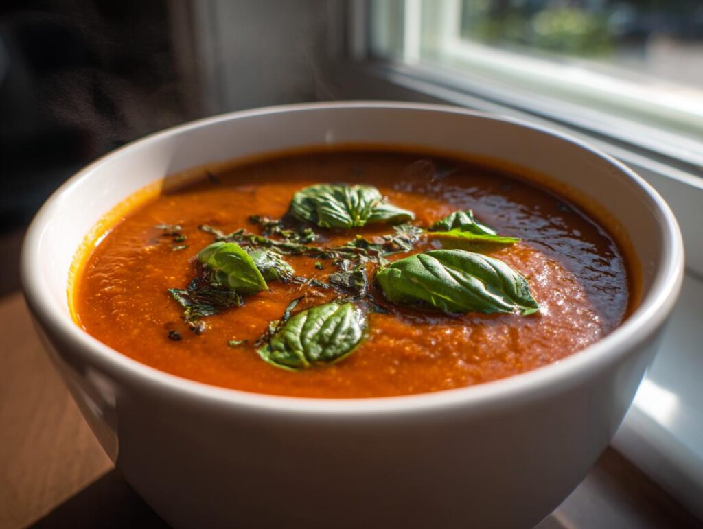 A close-up of a white bowl filled with steaming Roasted Tomato Basil Soup, garnished with fresh basil leaves and herbs.