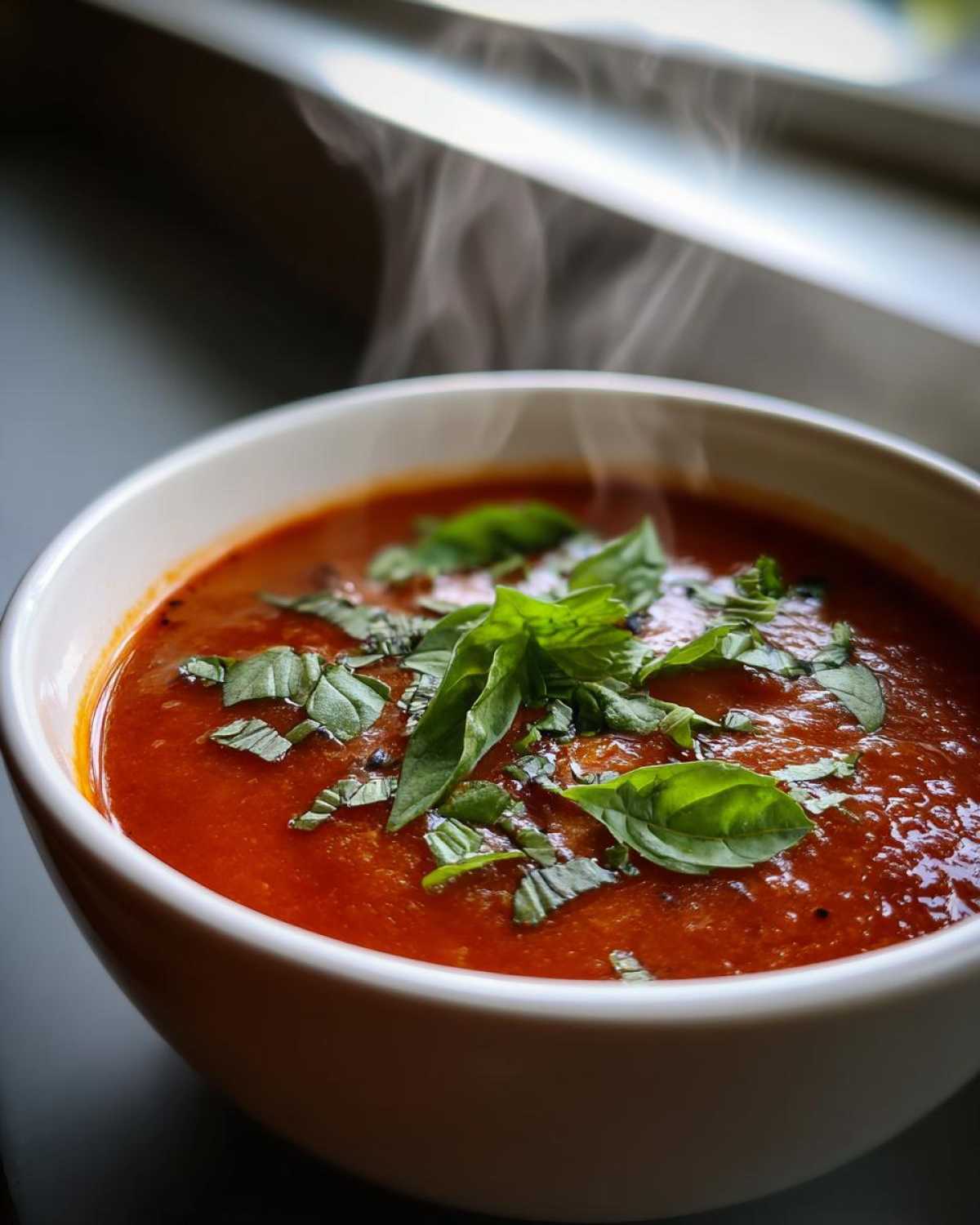 A close-up of a white bowl filled with steaming Roasted Tomato Basil Soup, garnished with fresh basil leaves.
