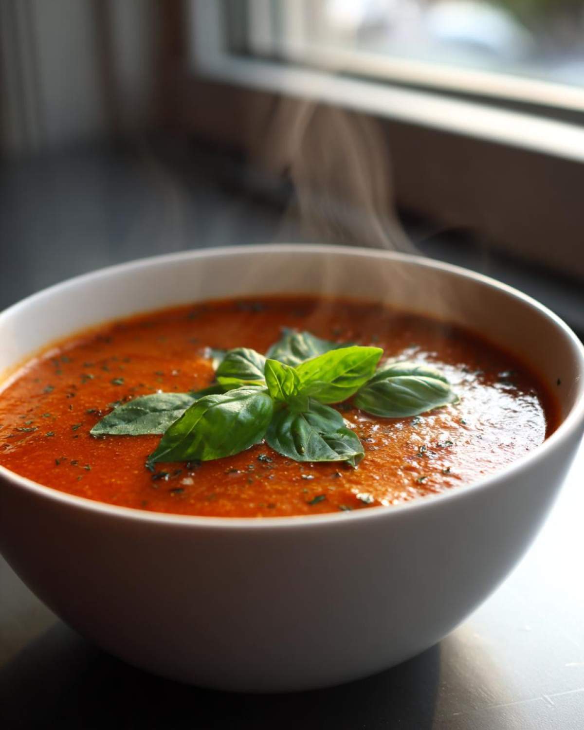 A steaming white bowl filled with rich, red Roasted Tomato Basil Soup, garnished with fresh basil leaves.