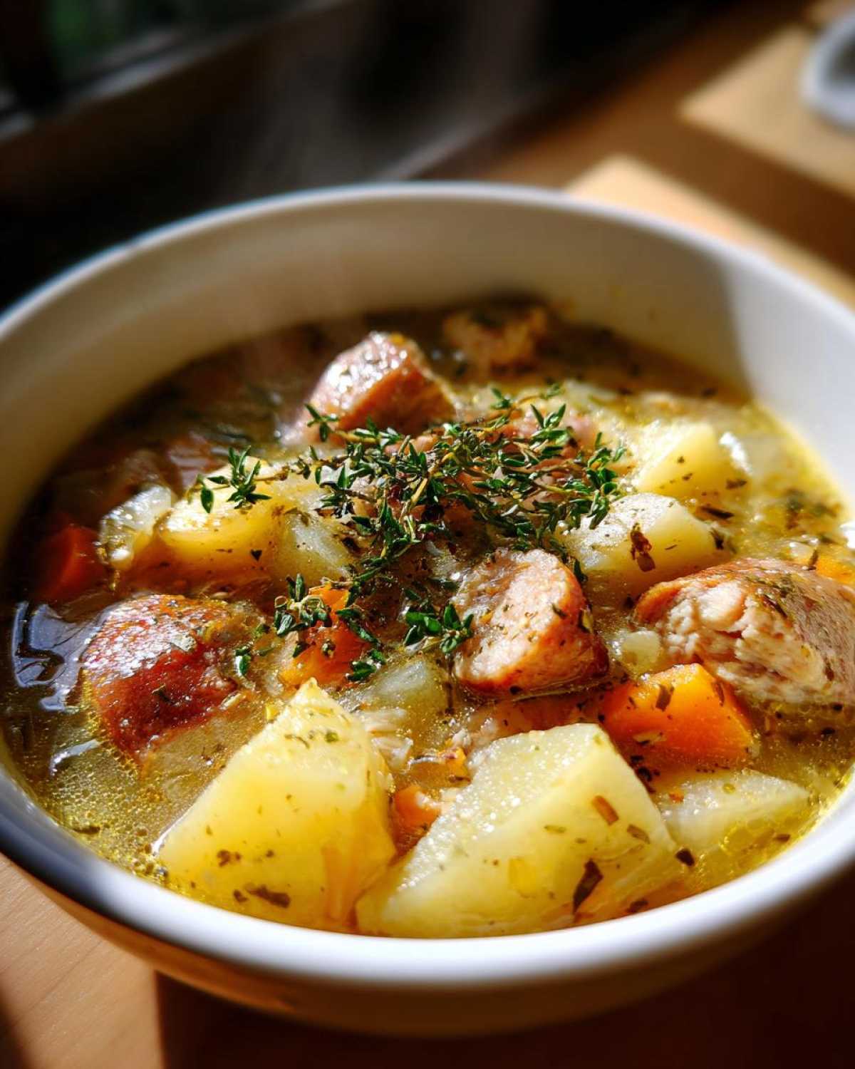 A close-up of a bowl of hearty sausage potato soup, featuring chunks of sausage, potatoes, and carrots, garnished with fresh herbs.