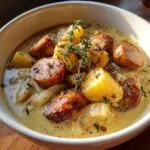 A close-up bowl of hearty sausage potato soup, featuring chunks of sausage, potatoes, and fresh thyme.