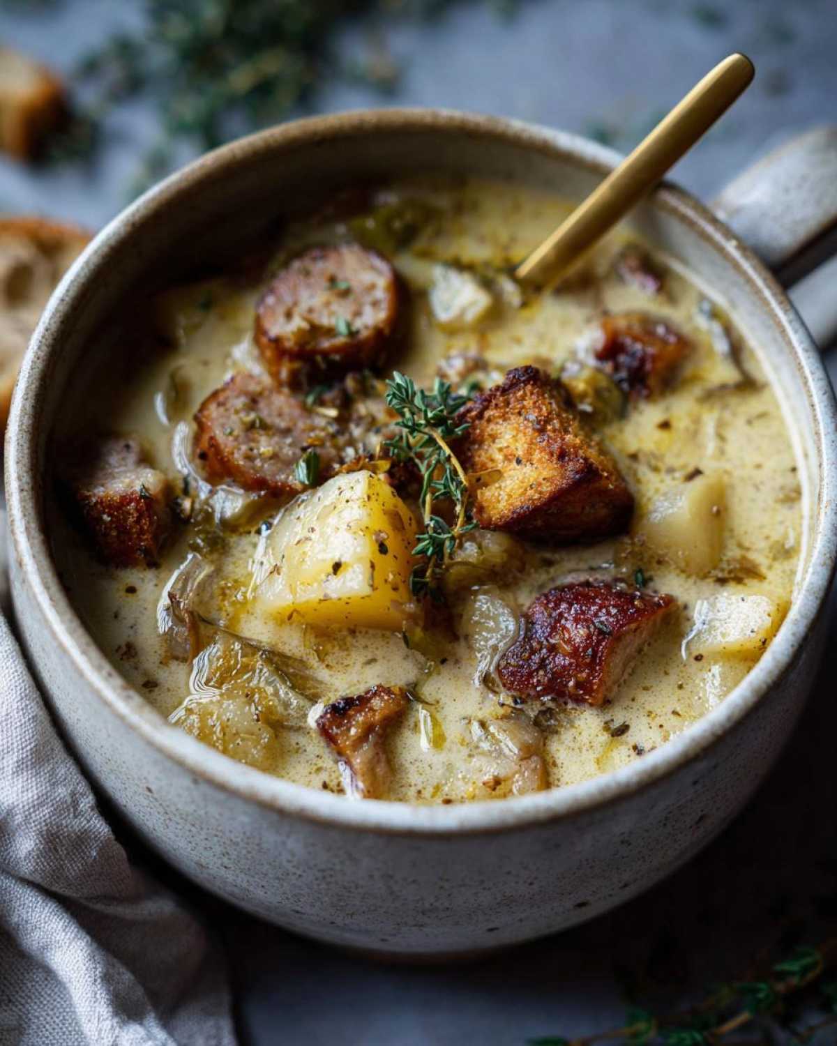 A close-up of a rustic bowl filled with hearty sausage potato soup, garnished with fresh thyme.