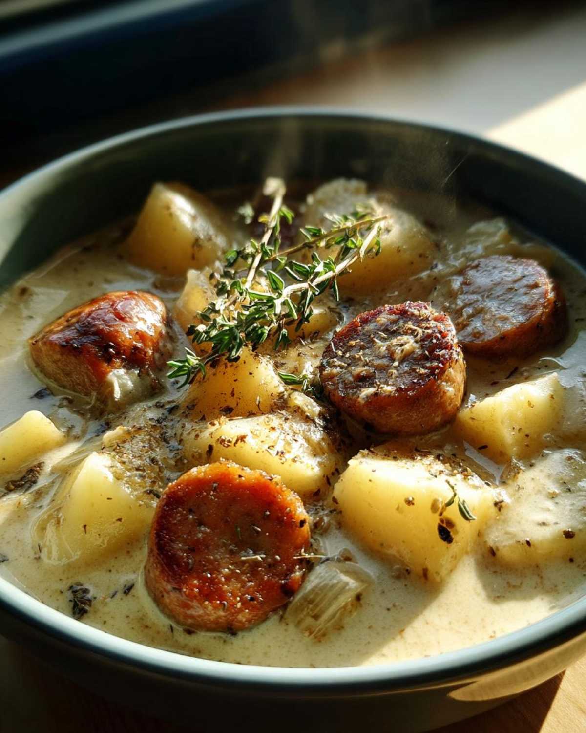 A steaming bowl of hearty sausage potato soup, featuring tender potato chunks and browned sausage slices, garnished with fresh thyme.